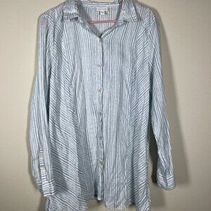 J Jill 100% Linen Stripe Green White Button-Up Shirt Large Lightweight!